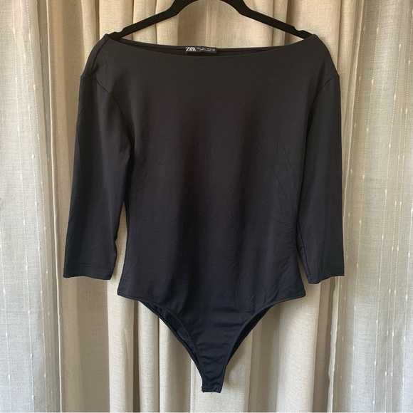 ZARA BLACK SCOOP NECK QUARTER SLEEVE BODYSUIT L - Picture 1 of 6